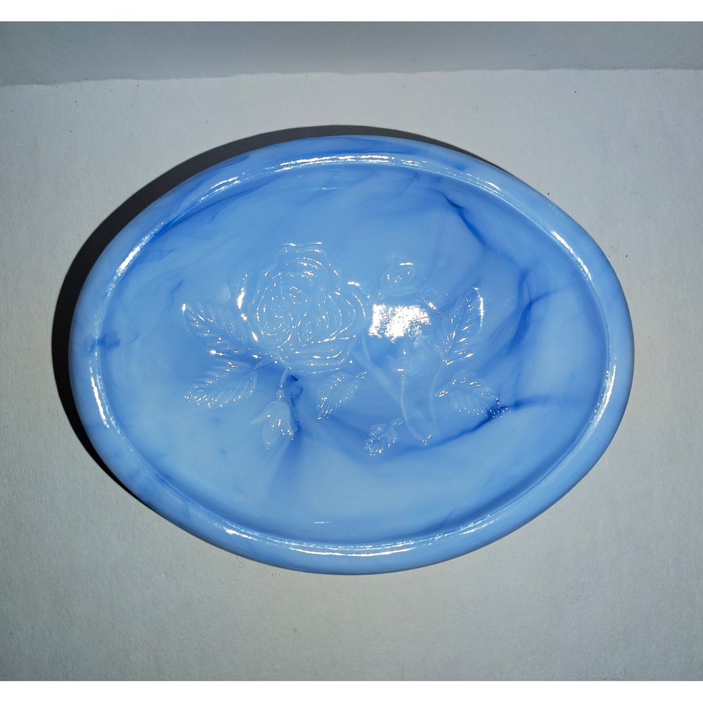 Avon 1978 Blue White Rose Swirl Oval Molded Glass Dish 5 in Decorative